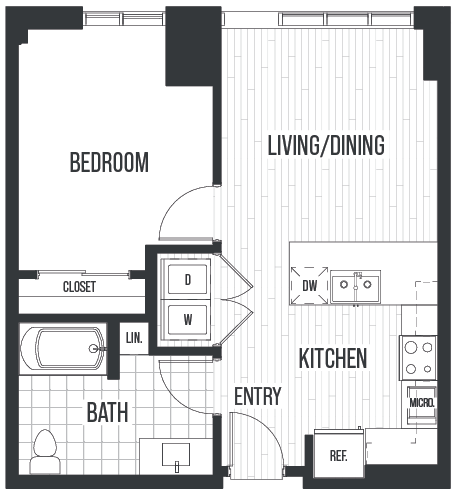 Floor plan 1B ADA. A one bedroom, one bath floor plan at The Quincy in Downtown Denver.